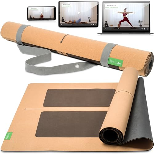 BACKLAXX® Yogamatte Kork XXL mit Naturkautschuk, rutschfeste Korkmatte | Yogamatten XXL: 50% mehr Fläche, Oberseite Kork, Naturkautschuk 4 mm, Anti-Rutsch-Zonen, rutschfest, mit Tragegurt