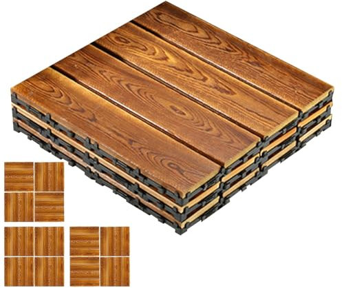 Piastrelle ad incastro per terrazze, piastrelle in legno, 3 tavole per terrazze in legno, 12 x 12 pollici, antiscivolo per prati marciapiedi, rivestimento esterno ad incastro per la piscina