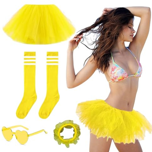 LoNinLoAn Lot de 5 jupes tutu 5 couches en tulle pour femme avec lunettes en forme de cœur, élastiques à cheveux, bas pour femme, carnaval, fête, danse (jaune)