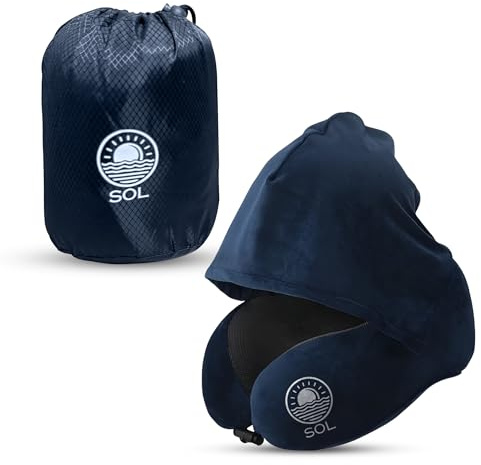 SOL Premium Reisekissen für Flugzeug, Memory Foam Reisekissen für Erwachsene mit Kapuze, verstellbares und kompaktes Flugkissen für Reisen, Nackenstützkissen mit Tasche Holiday Essentials (Marineblau)