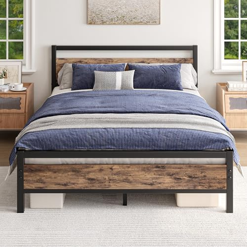 JELUTE Struttura letto a piattaforma in metallo, con testiera e pediera in legno, supporto in acciaio resistente, senza bisogno di molle, facile da montare (colore nero, 160 x 200 cm)