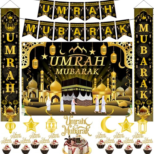Umrah Mubarak Decoration Ramadan Eid - 23 PC Black Gold Eid Banner Set | 23 Pcs Black Gold Fishtail Door Banners Backdrop Hanging Swirls Cake Cupcake Toppers for Islamic Muslim Eid Umrah Mubarak