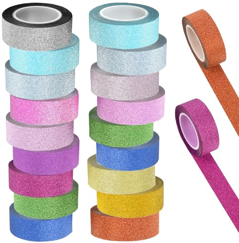 Saituo Home 20 Rollos Washi Tape con Purpurina, Washi Tapes de Colores Brillantes, 1,5 CM x 3 M, Cinta Adhesiva Decorativa Multicolor para Scrapbooking Artesanía de Bricolaje Diarios Planificadores