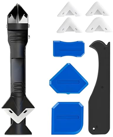 XEPWOLU 9 Pezzi Rimuovi Silicone, Professionale Strumento Per Calafataggio 3 In 1, Spatola Per Silicone Togli E Spatola Raschietto Per Stucco Strumento Con 5 Cuscinetti Sostituibili Sigillante