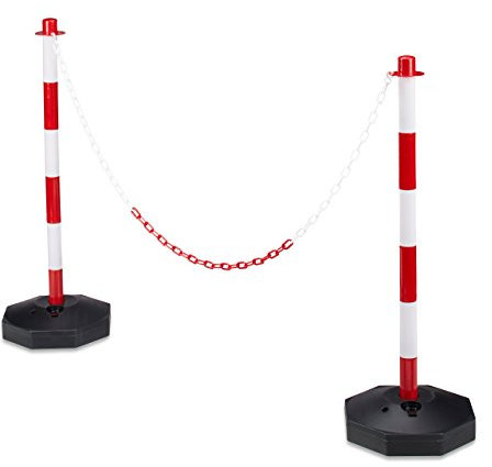 Relaxdays 2 Parking Barriers, Size: 82 x 56 x 28 cm Chain Barrier made of Plastic w/ Practical Chains to Save Parking Spaces w/ Sturdy Base to Fill w/ Water or Sand, Red / White