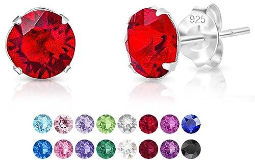 DTPsilver® Pendientes Mujer Plata de Ley 925 con Cristales Swarovski® Elements - Pendientes Plata - Pendientes Pequeños Plata de Ley - Diámetro: 6 mm - Pendientes Rojos