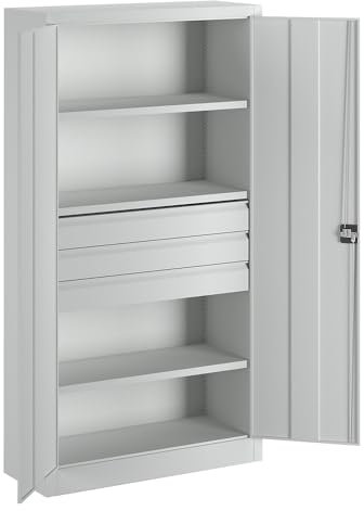 Pavoy | Schwerlastschrank | Höhe 1950 mm | 3 Fachböden | 3 Schubladen à 125 mm | grau