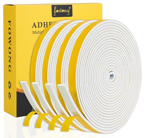 fowong Fensterdichtung Selbstklebend 20m(L)/4 Rollen, Abnehmbarer Klebstoff, Dichtungsband Selbstklebend für Türen Fenster, Wasserdichtes Türdichtungsband, Wetterfest, Kollisionsprävention, Weiß