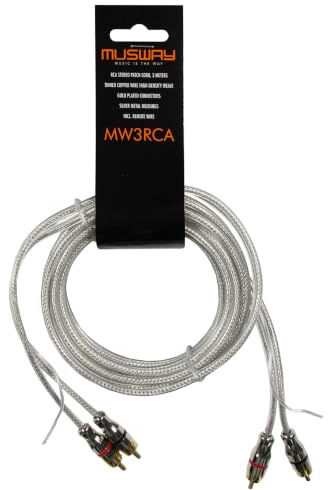 Musway - Cinchkabel 3m (silber, 99,9% OFC Kupferkabel, doppelt abgeschirmt, 3 Meter, Vergoldete Anschlüsse, silberne Metallgehäuse, inkl. 3m Steuerleitung)