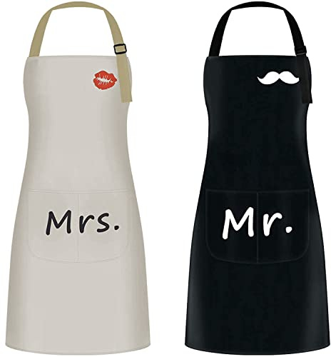 Mr. & Mrs kockskålar, 2 stycken matlagningsskålar med justerbar nackbygel och 2 fickor, kan användas för grillkvällar för män och kvinnor, i trädgården, använd, restaurang, café (khaki och svart)