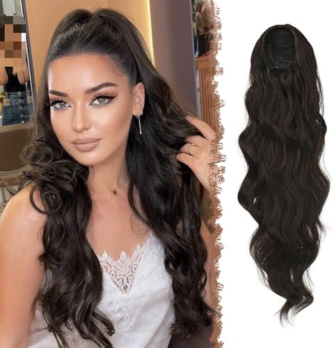 FESHFEN Queue de Cheval Cordon Longue Bouclé Ondulées Ponytail Cheveux Naturel Postiche Extension Synthétique Rajout Drawstring Ponytail Extensions pour Femmes, Marron Foncé 60 cm