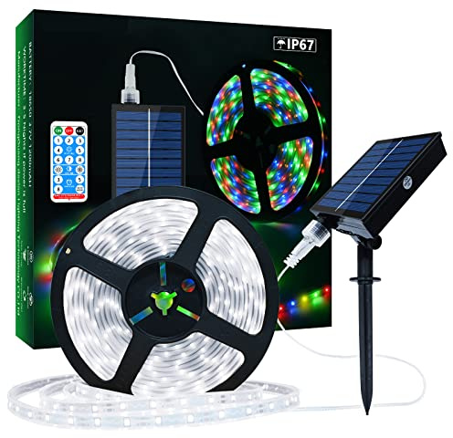 Lumtang Solar LED Streifen, 5m LED Strip IP67 Wasserdichter, Dimmbare, USB-Stromkabel zum Laden des Solarpanels，Kühles Weißes LED Lichter für Gartenbäume Zuhause Weihnachten Urlaub Terrasse Party