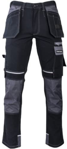 Popoqo Mens Holster & Knee Pad Pockets Cargo Combat Black & Grey Work Trousers Heavy Duty Safety Durable Workwear Trade Trouser Size: 32W / 31L