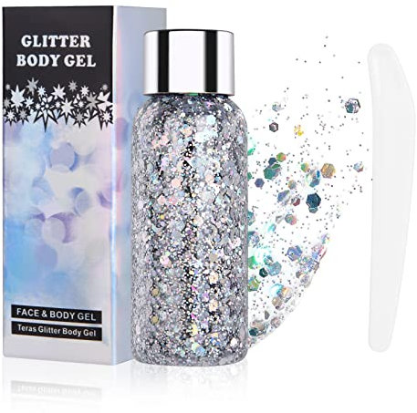 URAQT Sirène Paillettes Chunky Glitter Liquide, 50ml Gel Paillettes Visage Cheveux Glitter Body Festival Cosmétique Longue Durée Mousseux (Argent)