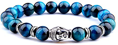 8 mm kungligt blå tigeröga armband män silverfärg Buddha huvud berlock armband kvinnor amulett Vinatge gul sten pärlor pulsera, kungsblå tiger-2,21 cm