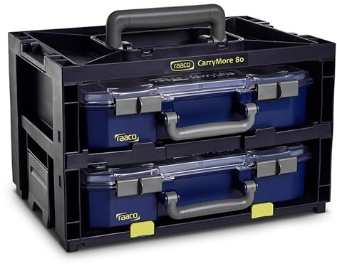 Raaco CarryMore 80x2 CarryMore 80x2, Leicht Sortimentskasten für Werkstatt | Leicht Sortimentskasten für Werkstatt, Kistenberg mit 2 Sortierkasten für Kleinteile, Traglast 25 kg, Ordnung - Lagerung