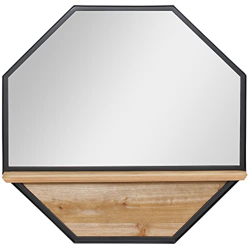 HOMCOM Specchio da Parete Ottagonale in Metallo con Mensola in Legno, Arredamento Moderno per la Casa, 61x61cm Nero