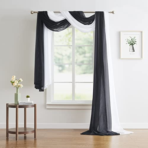 Warm Home Designs Double Window Scarves Bundle. Each White & Black Window Scarf Valance is 55 x 144. Great for Black Room Decor, as Canopy Bed Curtains or Draping Fabric. AS White & Black 144
