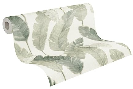 livingwalls Blätter-Vliestapete – Weiß, Grün, Blau – 10,05 x 0,53 m | Florales Blätter-Motiv als natürlicher Blickfang – matte Motivtapete, einfach zu verkleben & spurlos abziehbar
