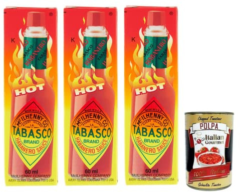 3 salsas Tabasco Habanero, para las salsas más afiladas de Tabasco, se procesan chiles Habanero de 60 ml + lata de 400 g de Polpa Gourmet Italiano