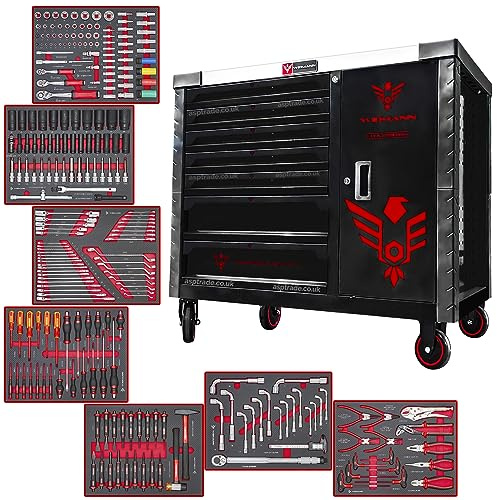 WIDMANN 7 Drawer Castor Mounted Roller Premium Tool Chest Cabinet with XXL Stainless Steel Top 241pc Tools (Black)