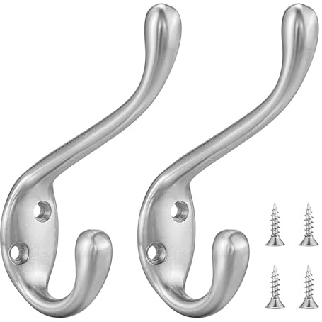 Jukzi Coat Hooks 5 Pack - Heavy Duty Wall Mounted Brushed Nickel Door Hooks Double Prong Hooks for Hanging Clothes/Towels - Sturdiness Design with Better Mounting System