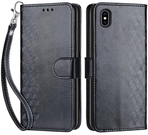 SIENIANLINE Handyhülle für iPhone X/iPhone XS Hülle, Premium PU Leder Flipcase Schutzhülle Klapphülle mit Kartenschlitz und Faltbare Brieftasche Hülle für iPhone X/iPhone XS - Schwarz