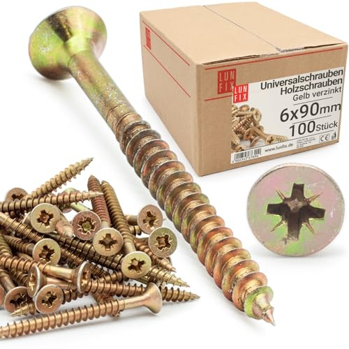 LUN FIX Universalschraube 6x90 mm 100 Stk PZ3 Kreuzschlitz Senkkopf | gelb verzinkt Vollgewinde Holzschrauben Spanplattenschrauben selbstschneidende Schrauben für Holz Möbelbau