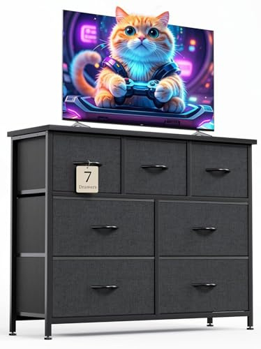 CAIYUN Kommode mit 7 Schubladen aus Stoff, schwarzer Schubladenschrank für Schlafzimmer und Wohnzimmer, Stabiler Metallrahmen und Holzplatte