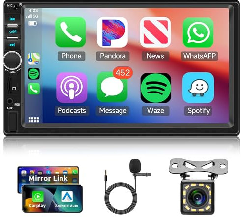 Hodozzy Autoradio 2 Din mit CarPlay Android Auto, Autoradio MP5 Player 7 Zoll Bildschirm Bluetooth mit Bluetooth/Mirror Link/SWC/FM EQ USB AUX,Doppel Din Multimedia Player Auto +HD Rückfahrkamera