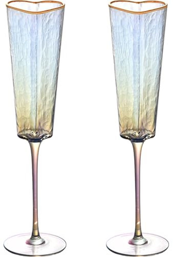 EHERDM 2 Pieces Heart-Shaped Champagne Flutes Golden Rimmed Wedding Toasting Champagne Glasses for Bride and Groom Colorful Tall Cups Gift for Party Engagement Anniversary