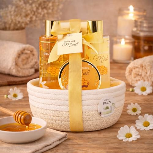 French Tendance - Coffret Bain et Soins au Miel - Gel Douche 150 ml, Bain Moussant, Lait Corporel, Sels de Bain - Cadeau Femme Beauté, Soin Corps, Bien Etre - Kit Cocooning Gourmand Miel