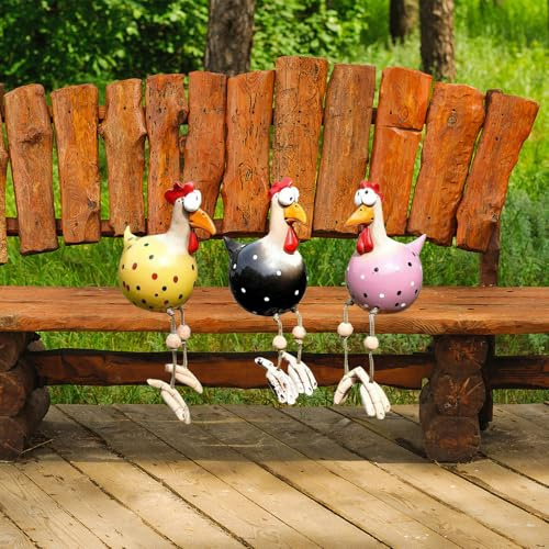 Harz und Keramik Hahn Deko,3 Pcs lustiges Huhn Harz Statue,Huhn Deko Garten,Huhn Gartendeko,Handarbeit Gartenstatue Dekorative Henne Gartenstecker Geeignet für Terrassen- Garten-und Balkondekorationen