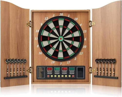 WaaYb Electric Dartboard Set with Cabinet, Automatic Scoring Dart Board with Wooden Doors with 2 Sets of Darts (12 Darts, 88 Soft Tips), Electronic Dart Board 4 LED Digita Display Natural