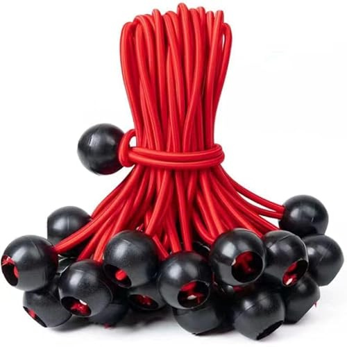 Rockreyoa Pack of 30 Ball Bungee Cords 4 mm Bungee Ropes with Balls Tarpaulin String Cord Small Bungee Ropes Ball Tie Down Straps Elastic Cord Tent Fixing Rope for Outdoor Tents Load Red 10 cm