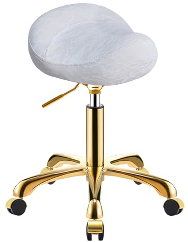 SCGSJZH Dorado Taburete de Montar con Ruedas, Silla Tocador Banqueta Regulable, PU Cuero Patrón Glacial Giratoria Banquillo para Salón y SPA (Oro + Blanco, Sin Respaldo)