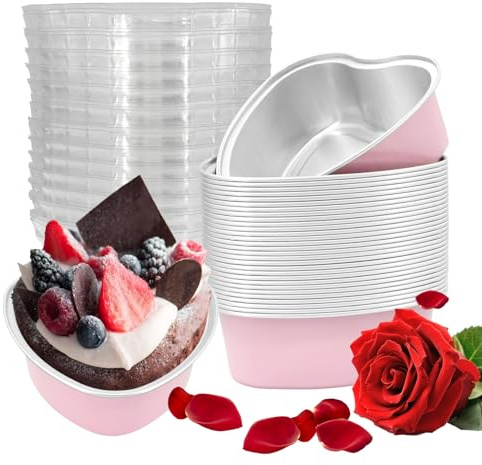 EQUNROY 30 Pcs Heart Shaped Cake Pans with Lids (100ml/3.4OZ)