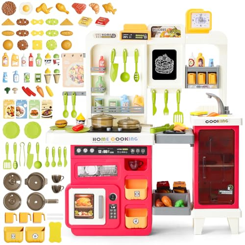 deAO Cocina Juguete Niños, Cocinas Infantiles Incluye 75 Accesorios, Grifo con Bomba de Agua, Luces, Sonoras y Vapor, Educativos Juego de Cocina Niños, Regalos de Cumpleaños Navidad 3+ Años (Rosa)