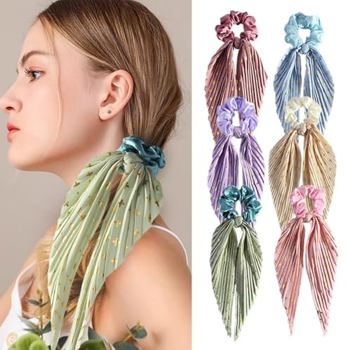 Scrunchies Haargummis 6 Stück Scrunchies Satin Weiche Elastische Haarbänder Haarschmuck Haargummi mit Schleife für Damen und Mädchen
