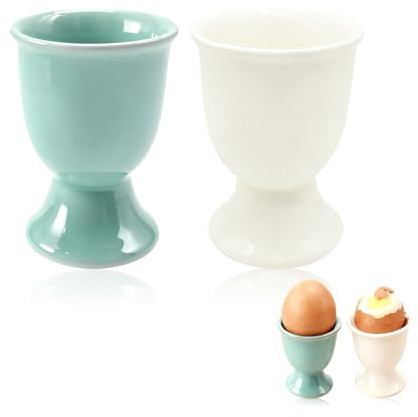 Egg Cups for Soft Boiled Eggs Holder - 2 Pcs Ceramic Egg Holder Set for Large Eggs, Wide Stable Base Blue and White Porcelain Cup for Breakfast, Gift Dishwasher Safe