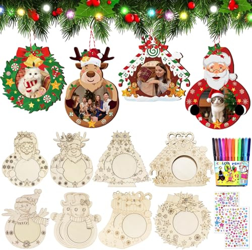 16 Stück Weihnachten Bilderrahmen, Fotorahmen Anhänger Weihnachten Holz, Bilderrahmen Holz Set, Weihnachtsbaum Anhänger, Holzanhänger zum bemalen für Weihnachtsbaumschmuck Tannenbaum Weihnachtsdeko