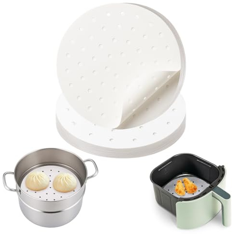 100 PCS Non-Stick Bamboo Steamer Paper, 10 Round Liners with Holes for Steamer Basket, Air Fryer, Bamboo Steamers, and Oven Use