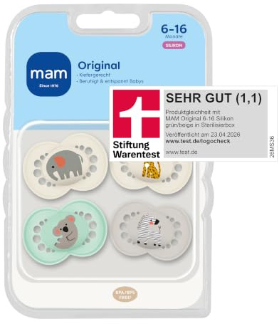 MAM Original Schnuller 6-16 Monate, 4er-Set, Elefant/Leopard | Zahnfreundliche symmetrische Sauger-Form aus weichem MAM SkinSoft Silikon, angenehm für empfindliche Babyhaut, 4 im Set