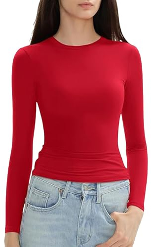 Camiseta de manga larga para mujer, ajustada, básica, de cuello redondo, crop top, básica, de un solo color, ajustada, de corte slim, camiseta corta de yoga y entrenamiento, rojo, XS
