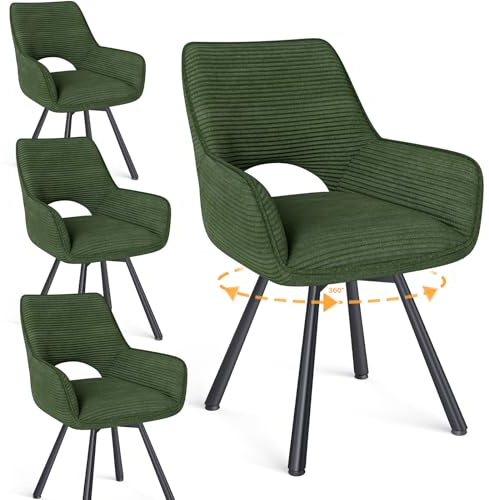 WAFTING Esszimmerstühle 4er Set Drehbar 360°,Armlehnstuhl,Küchenstuhl,Grün | Metallbeinen,Cord Stoff,Küchenstühle,Wohnzimmerstuhl,Polsterstuhl mit Samt,Esszimmer,Restaurant,Schlafzimmer,Konferenzraum