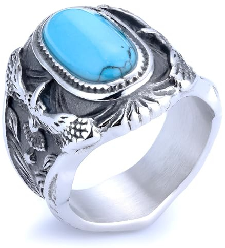 Herren Türkis Titanstahl Ring mit Gravur Adler Design Vintage Western Navajo Native American Stil, RDR Americana Biker Bold Jewelry