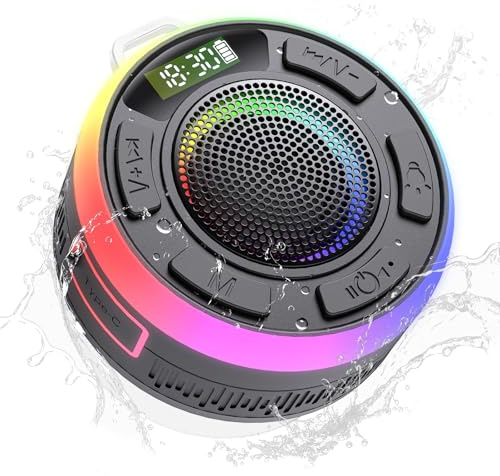 Bluetooth Shower Speaker with IPX7 Waterproof, 2025 Bluetooth Speaker with HD Stereo Sound, Built-in Mic Wireless Shower Speaker with Time Display Dynamic Lights 10H, for Outdoor Gifts Golf Deep Black