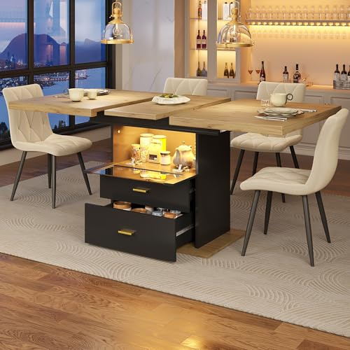 LAKFEW Mesa Extensible Comedor con Iluminación LED y Puerta de Cristal, Muebles de Salon Mesa de Comedor Extensible con 2 Cajones, Mesas Extensible, 110(140) x80x75 cm, Color Madera+Negro