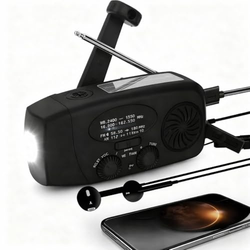 WALFRONT Kleines Kurbelradio, 10000 mAh Notstrombank Solar Notfallradio, 1W LED Taschenlampe & Ladegerät USB Tragbares AM FM NOAA WB Radio Weltempfänger (Black)