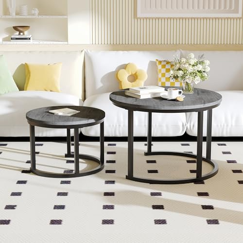 HOMERECOMMEND Rundt soffbord, 2-deligt set, träbord, modernt bord, sidobord med metallram för vardagsrum, balkong, kontor, grå